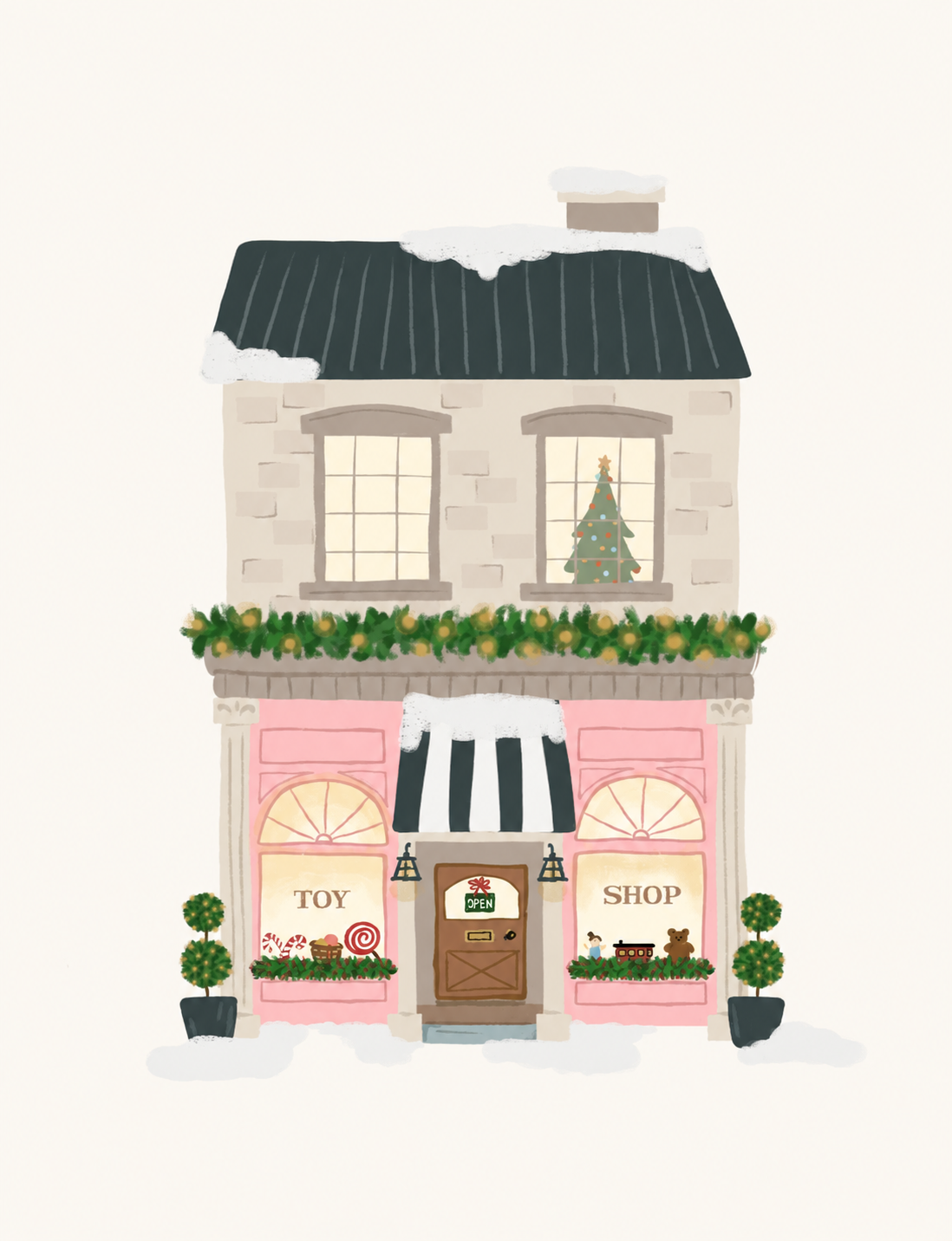 A pink toy shop decorated for the holidays