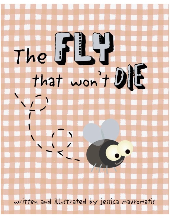 The Fly That Won’t Die, with a plaid book spine on the left