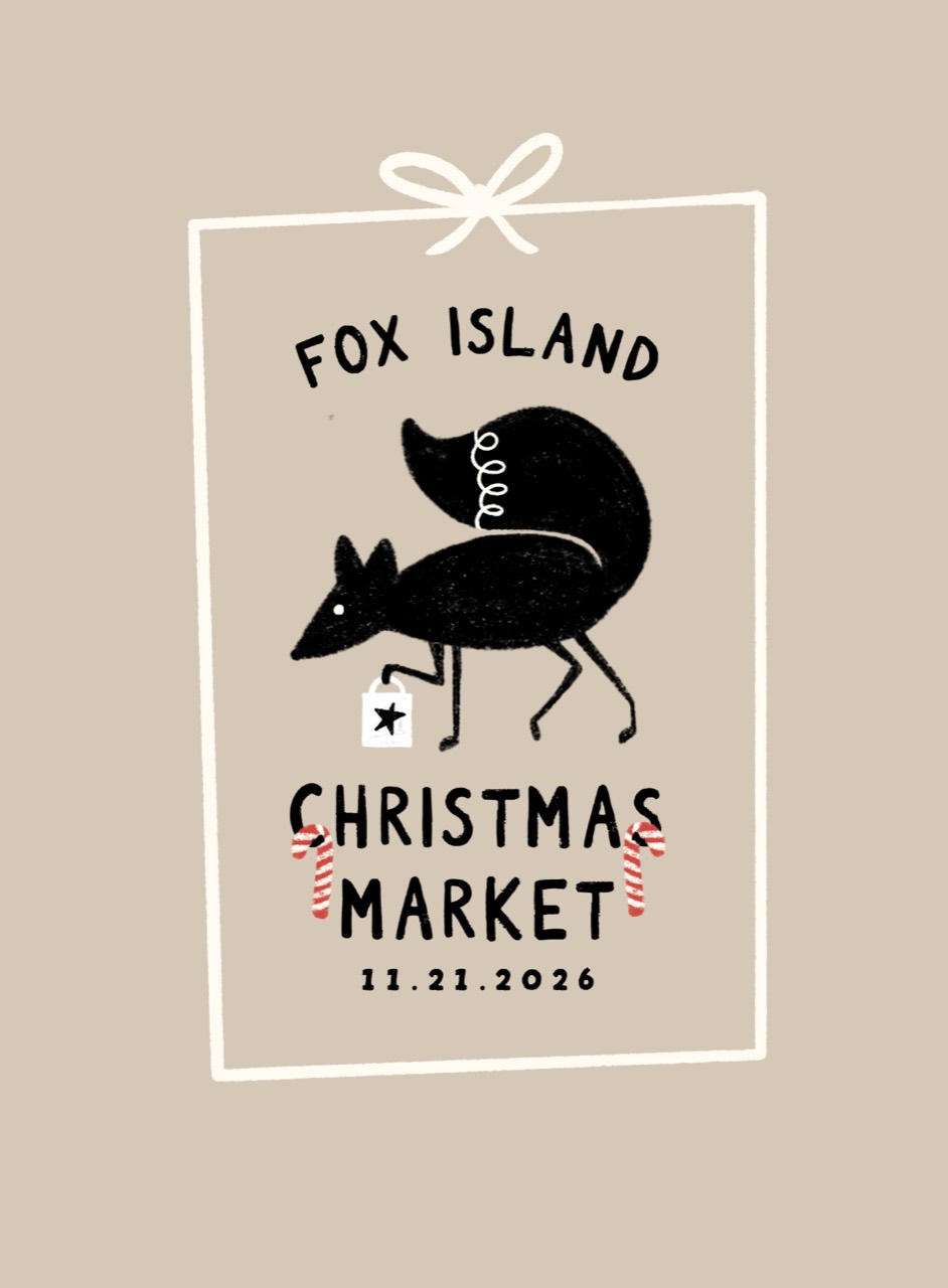 Fox Island Christmas Market poster, featuring an illustrated fox carrying a gift. November 21, 2026.