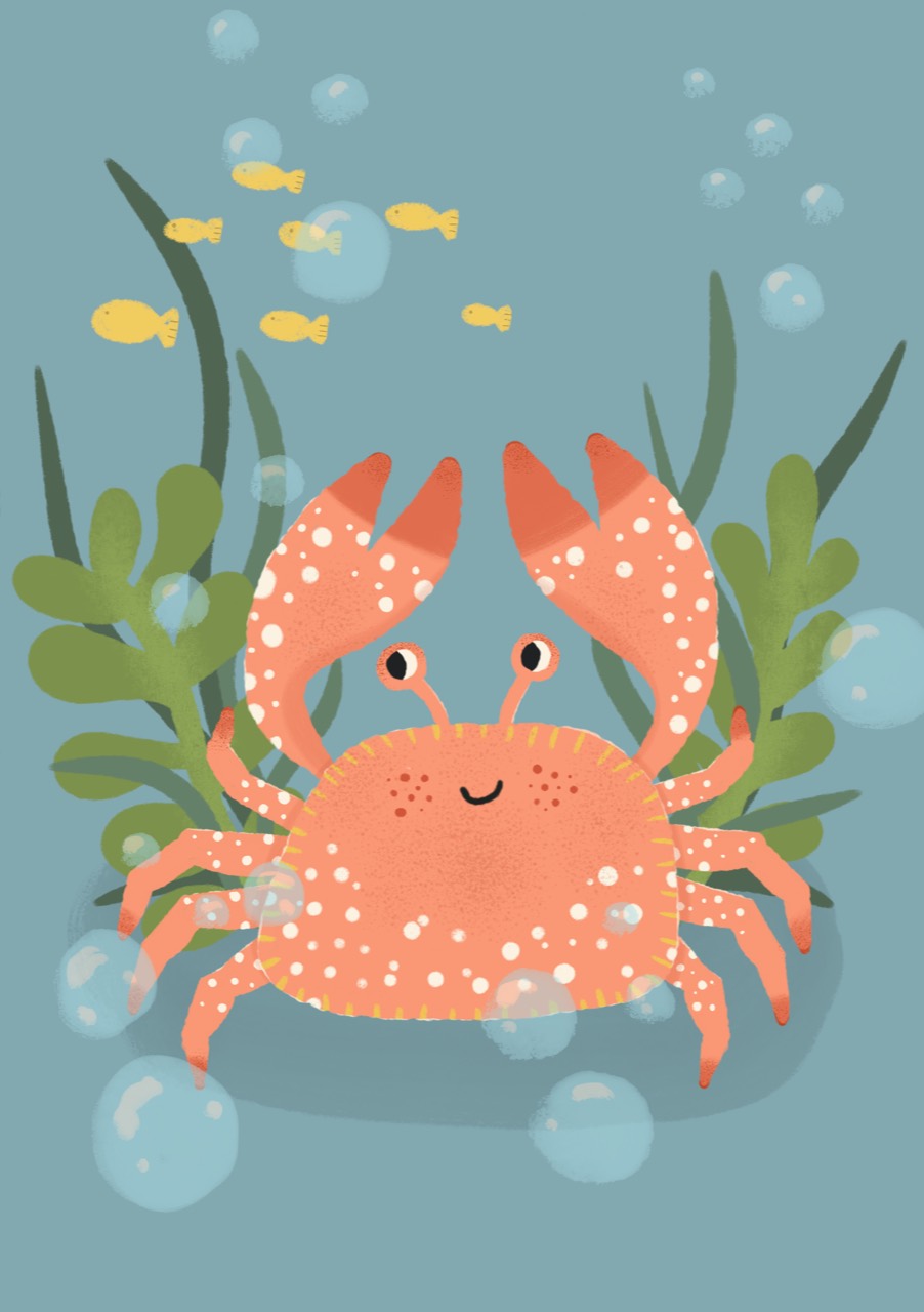 A cheerful orange crab among bubbles and seaweed