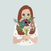 Jessica’s illustrated self-portrait holding a bouquet of flowers